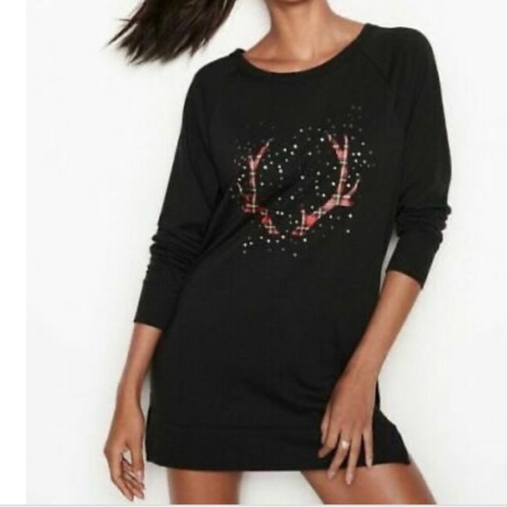 Victoria's Secret winter holiday sleep shirt black plaid antlers XS
